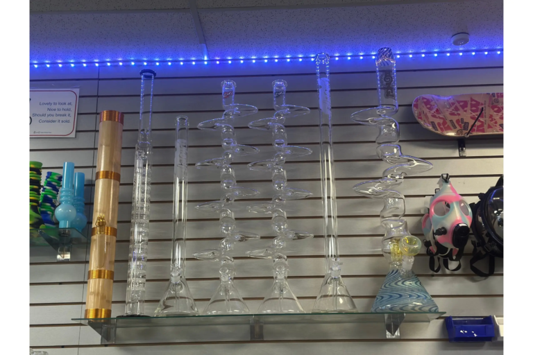 High-end handmade glass pipes and gas-mask bongs at El Paso Smoke Shop flagship on N Desert Blvd