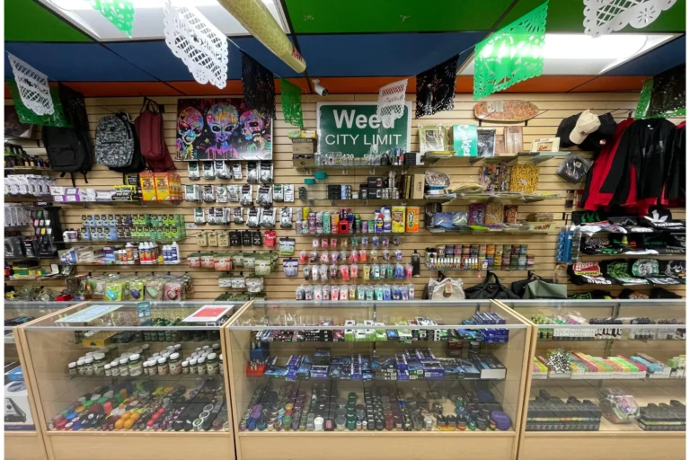 Grinders, incense, vape juice, and stoner apparel at Fox Plaza Smoke Shop.