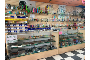 Montana Smoke Shop — colorful glass hand pipes, bongs, bubblers and dab rigs in our wall display — Five Points District, El Paso, TX