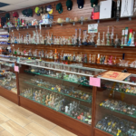 American-handmade glass bongs and hand pipes display at Yandell Smoke Shop, Central El Paso