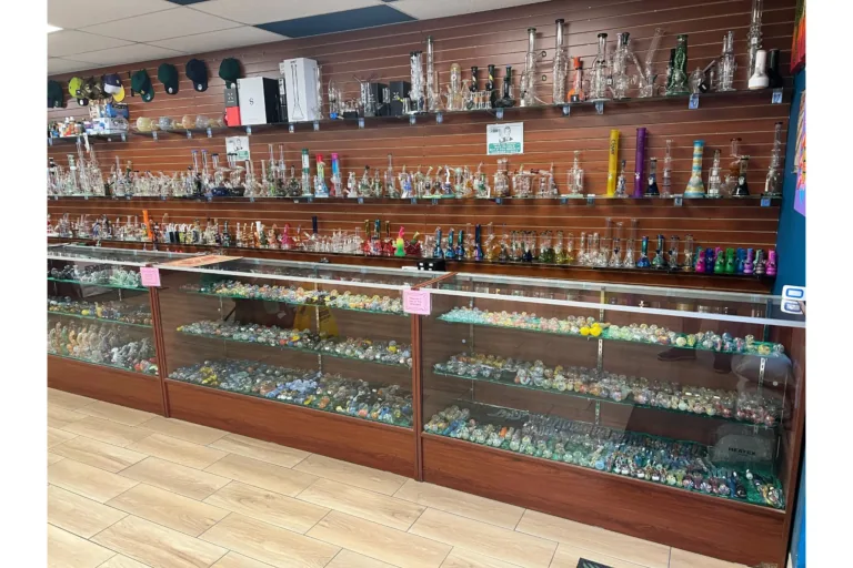 High-end glass case at Yandell Smoke Shop — hand pipes, bongs and bubblers in Central El Paso