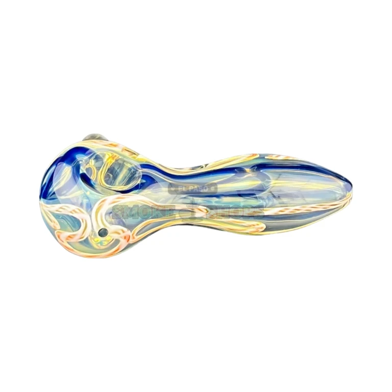 Albino Alien Head glass spoon pipe side view in El Paso, cool blue and white lines, hand pipe near me