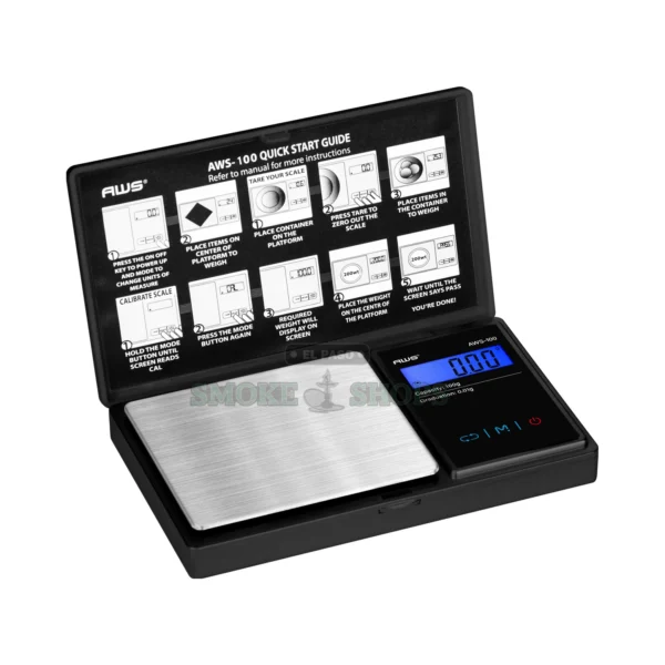AWS-100 digital pocket scale in El Paso, 100g capacity and 0.01g readability, chrome stainless steel body