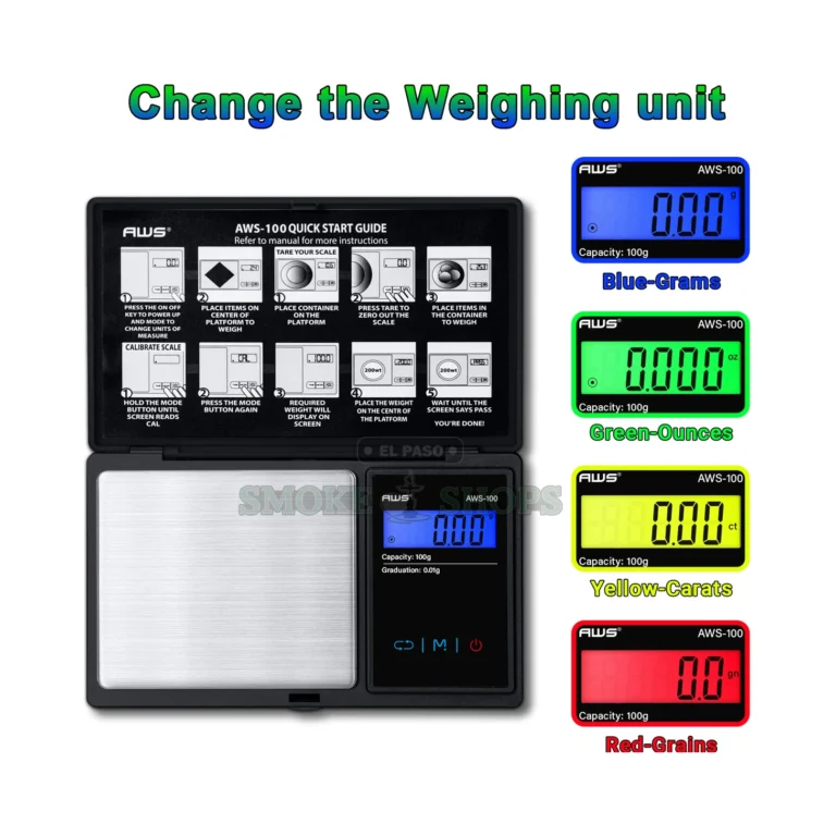 AWS-100 pocket scale backlit LCD display in El Paso showing weight in grams, tare and six units, same-day pickup