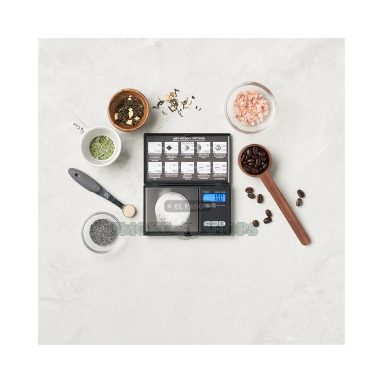 AWS 1KG pocket scale in El Paso with flip-up lid open as a tray over the stainless steel weighing platform