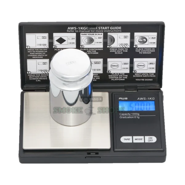 AWS 1KG digital pocket scale in El Paso, backlit LCD with 1000 g capacity and 0.1 g readability, same-day pickup
