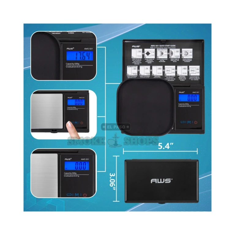 AWS-501 pocket scale in El Paso with included 200 g calibration weights and silicone cup, manual setup