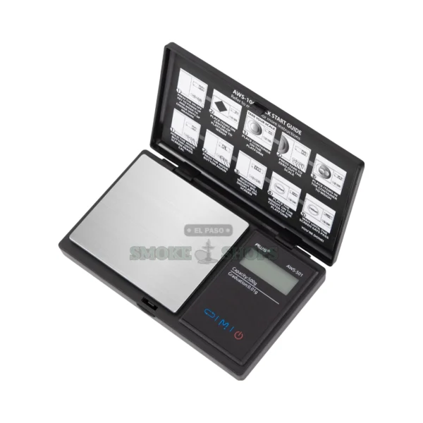 AWS-501 digital pocket scale in El Paso, black with flip-up lid open over the backlit LCD, 500 g x 0.1 g