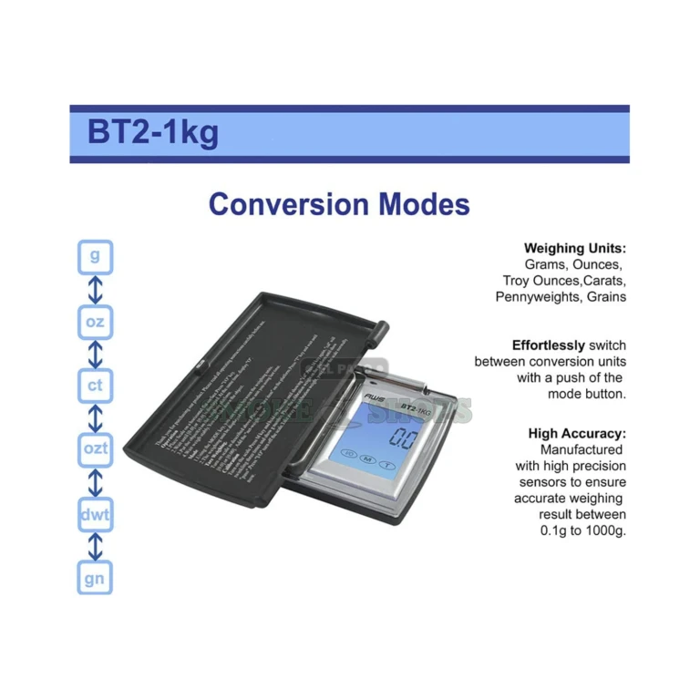 AWS BT2-1KG digital pocket scale top view in El Paso, 1 kg capacity, backlit LCD and tare, 10 El Paso store locations