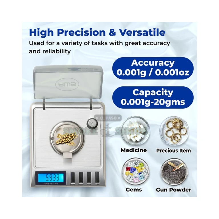 AWS Gemini-20 milligram scale in El Paso shown with included tweezers, weighing tray and 10g calibration weight