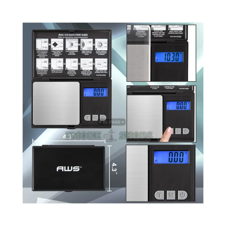 AWS Max-150 stainless-steel weighing platform close-up in El Paso, 0.01g precision pocket scale, walk-in pickup