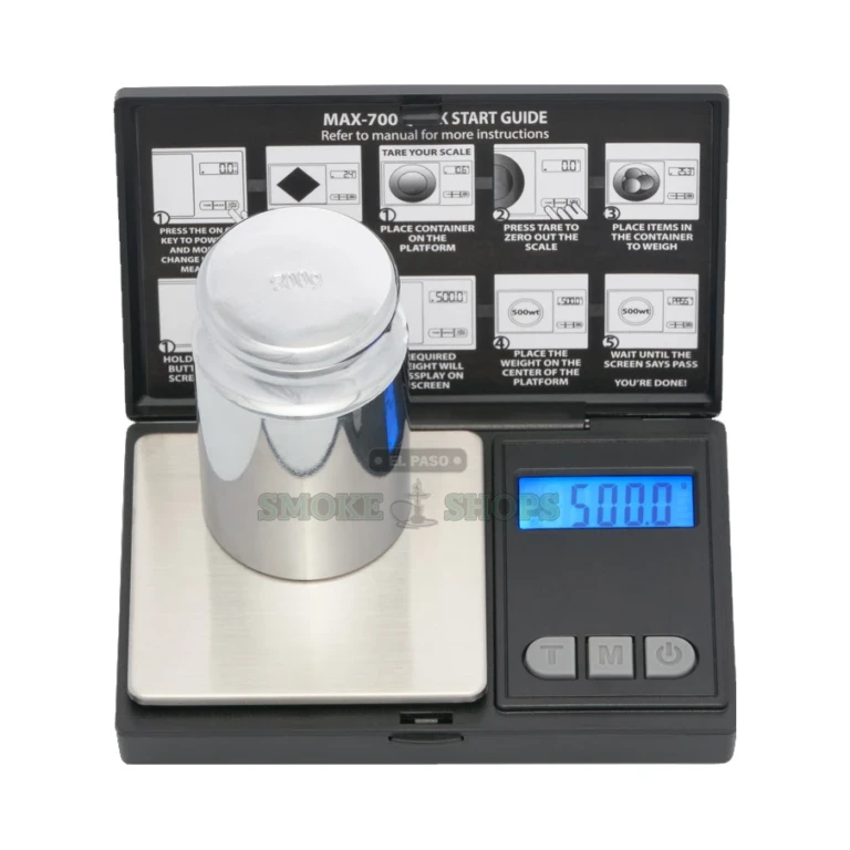 AWS Max-700 pocket scale in El Paso with flip-up lid open showing stainless steel weighing platform