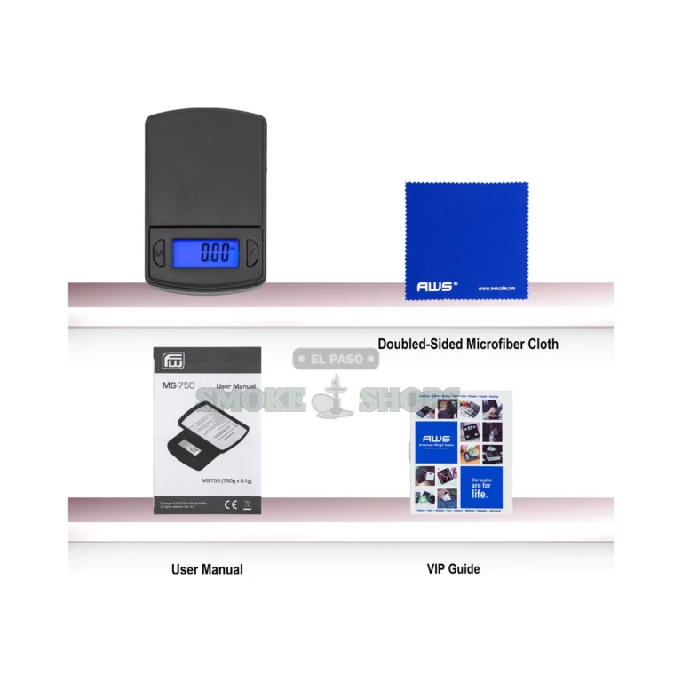 AWS MS-750 pocket scale backlit LCD display in El Paso showing 0.1g reading, stocked at 10 stores