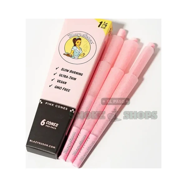 Blazy Susan Pink 1 1/4 pre-rolled cones pack in El Paso, 84mm French paper with built-in tip, same-day pickup