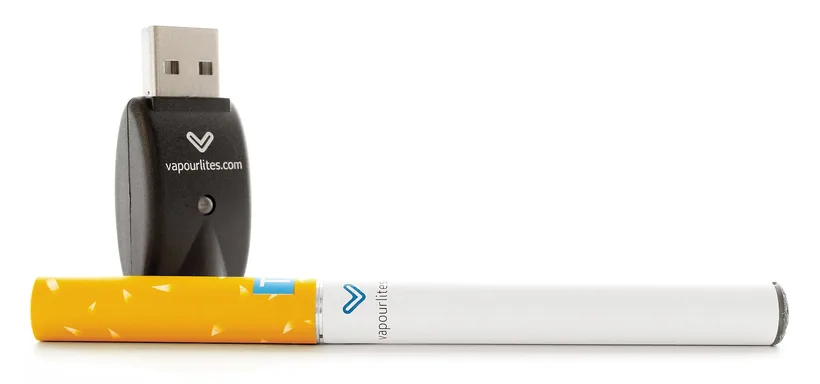 A slim disposable-style e-cigarette beside its USB charger on a white background at El Paso Smoke Shops