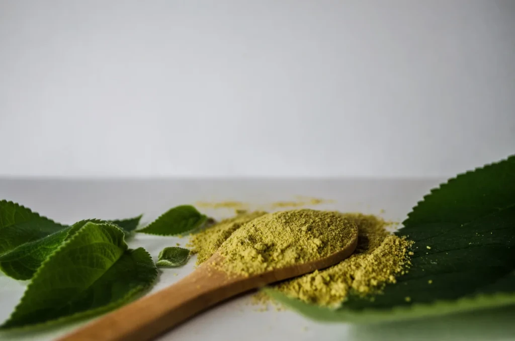 Loose green kratom powder on a wooden spoon resting on fresh kratom leaves at El Paso Smoke Shops