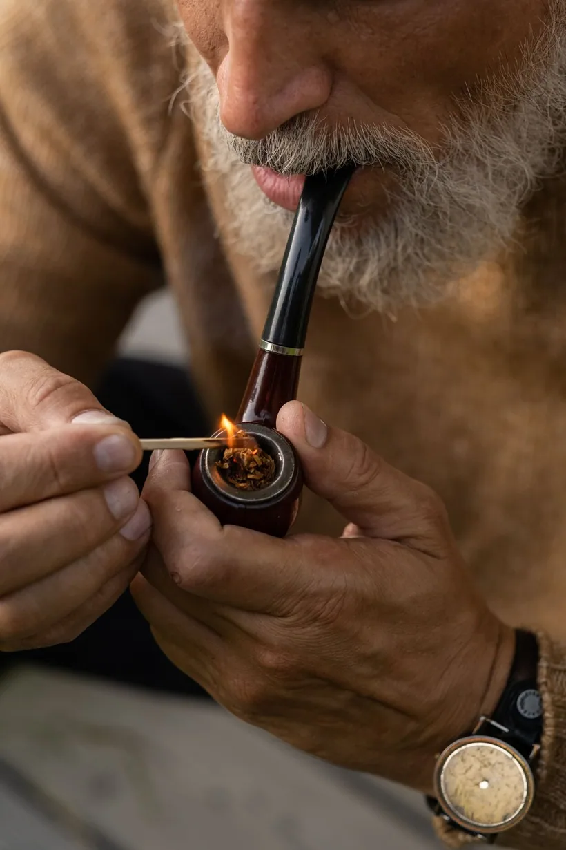 An adult lighting the packed bowl of a tobacco pipe, showing how the bowl, carb, and mouthpiece work, at El Paso Smoke Shops