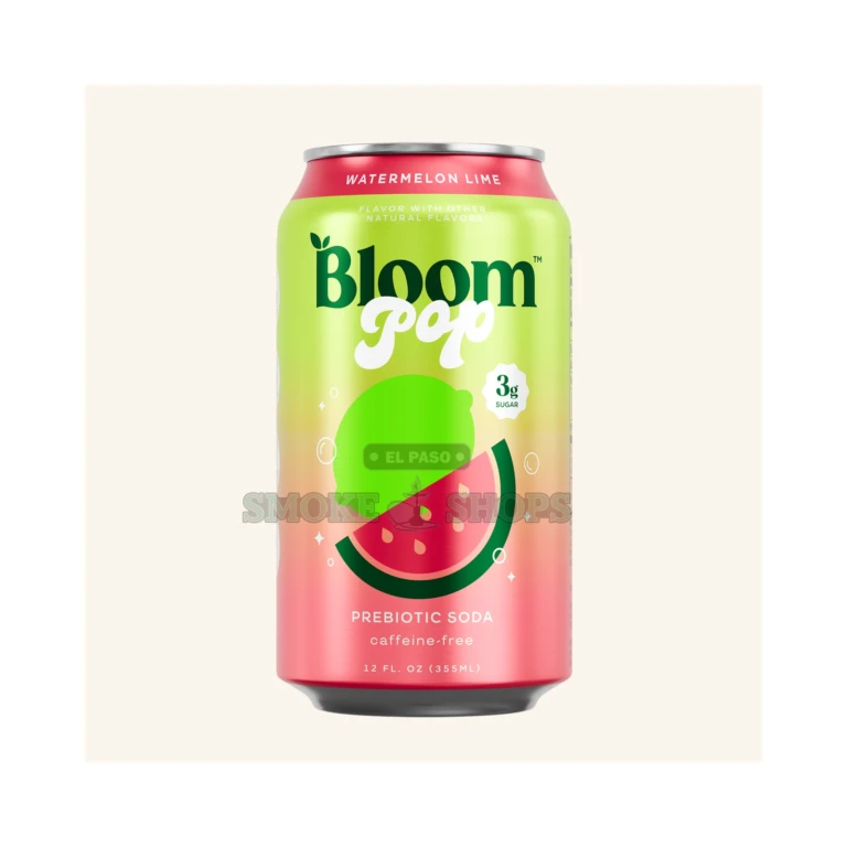 POP Prebiotic Soda Bloom Watermelon Lime close-up at El Paso Smoke Shop, in stock near me for same-day pickup
