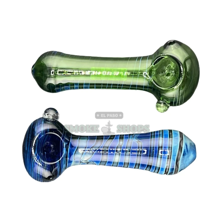 Blue Stripes glass spoon pipe standing upright in El Paso, smooth blue swirl finish, glass pipe near me