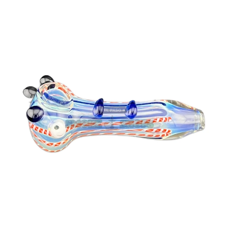 Candy Cane glass pipe side view in El Paso, striped body with bumped grip near me
