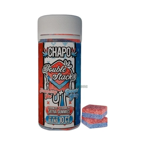 Chapo Blanco Double Stacks 10ct gummies jar back label in El Paso, 10,000mg hemp blend, in stock at 10 stores