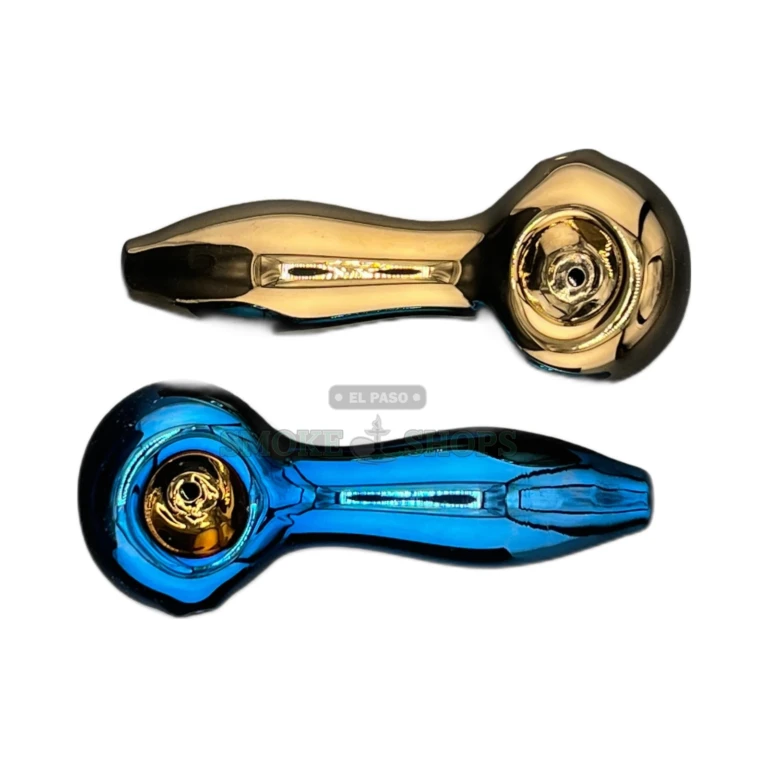 Chrome Series glass spoon pipe standing upright in El Paso, shiny chrome finish, glass hand pipe near me