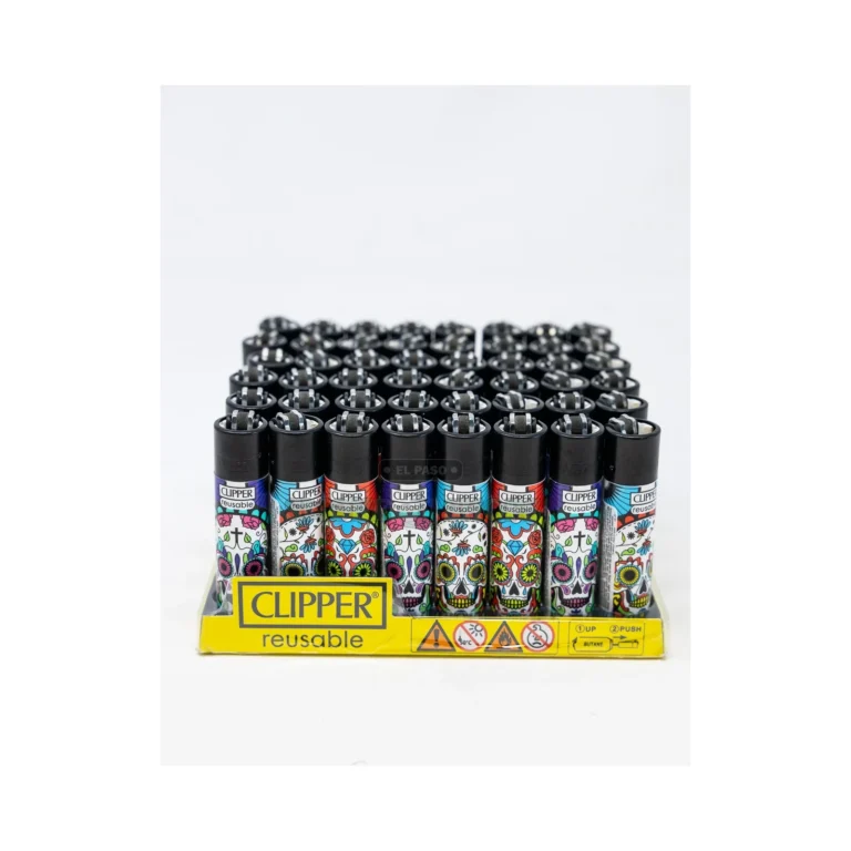 Clipper Dia De Los Muertos butane lighter in El Paso, rounded oval body and flint wheel, same-day pickup