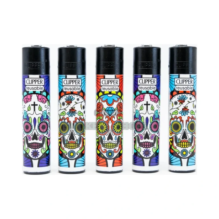 Clipper Dia De Los Muertos pocket lighter in El Paso showing Day of the Dead sugar-skull design, soft flame