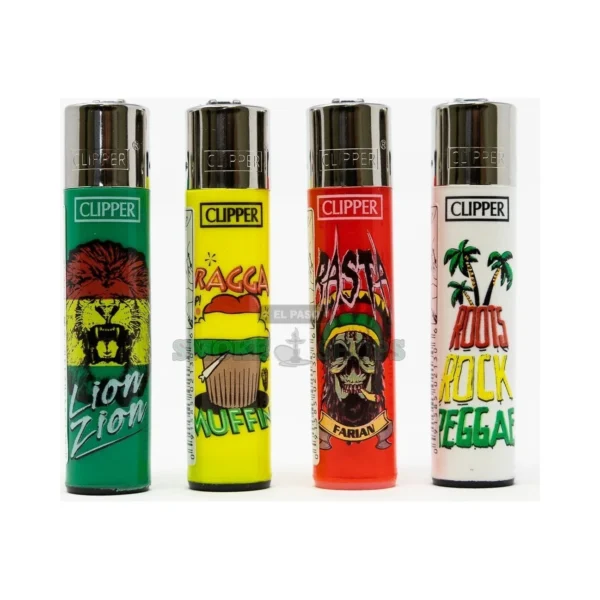 Clipper Rasta Leaves refillable butane lighter in El Paso, red gold and green leaf print, soft flame, same-day pickup