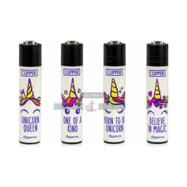 Clipper Unicorn refillable lighter in El Paso, white soft-flame pocket lighter with printed unicorn design, $1.99