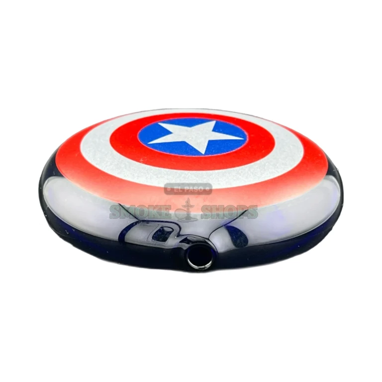 Clover Captain's Shield glass pipe side view in El Paso, short flat blue body near me