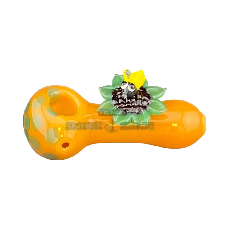 Clover Sun Flower Bee glass pipe side view in El Paso, raised bowl and green spots near me