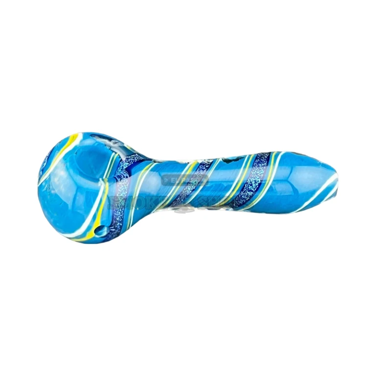 Clover UK glass pipe side view in El Paso, white and yellow swirl on blue near me