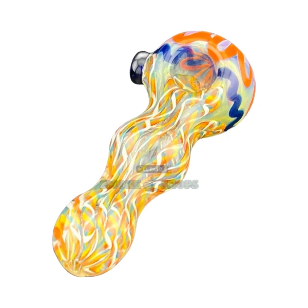 Clover Yandoo glass spoon hand pipe in El Paso, clear glass with orange blue and white lines, same-day pickup