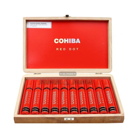Cohiba Red Dot Tube Toro cigar foot and band detail in El Paso, medium-bodied 6 by 50 Toro, 10 stores