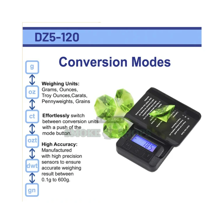 Digitz AWS DZ5-120 pocket scale backlit LCD display in El Paso showing weight, 120 g x 0.01 g precision, same-day pickup