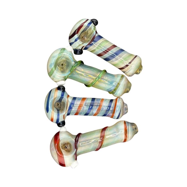 Double Spiral Lining glass spoon pipe full view in El Paso, color-shifting fumed body, in stock near me