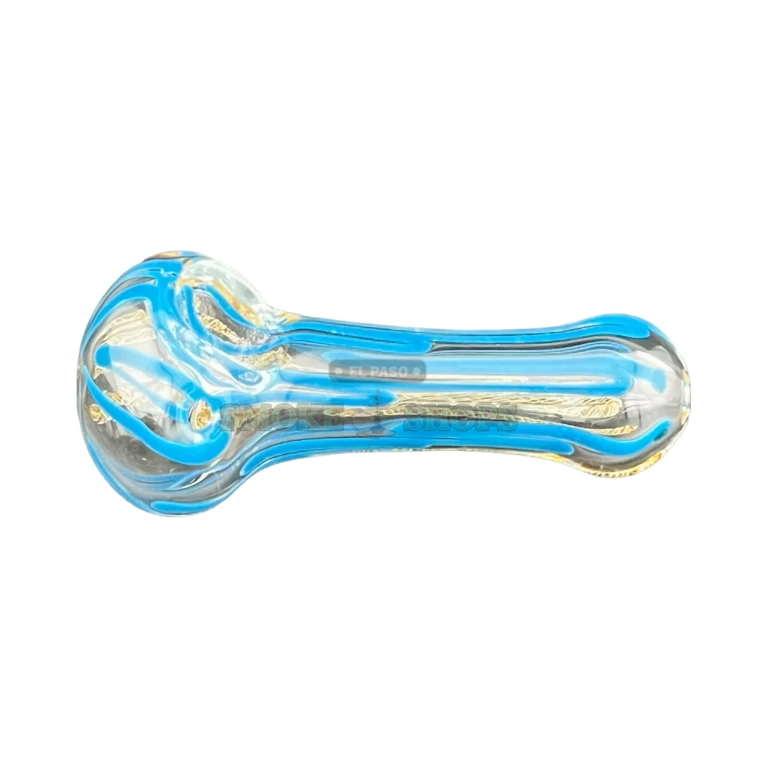 Flamed Out glass pipe side view in El Paso, lined yellow and blue body, hand pipe near me