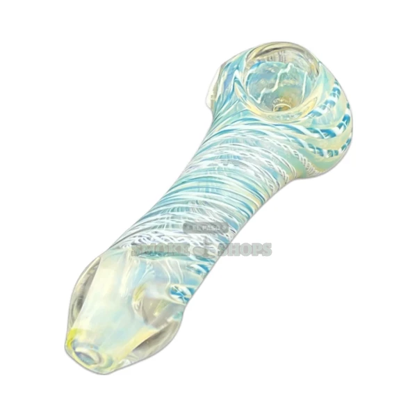 Flamer Swirl glass spoon hand pipe in El Paso, clear glass with blue orange and white stripes, same-day pickup