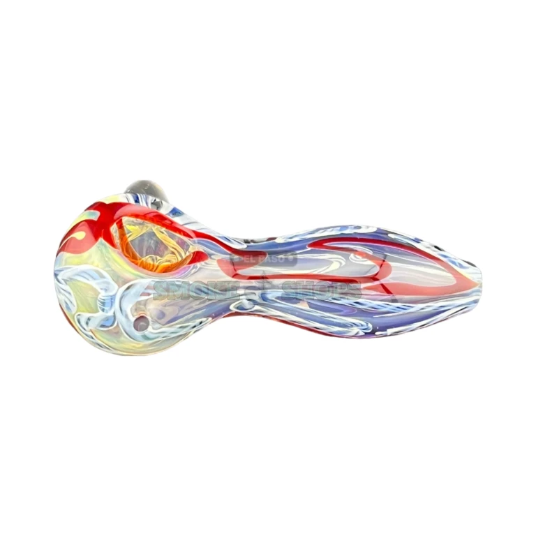 Flower Snake glass spoon pipe side view in El Paso, red and blue line pattern, near me