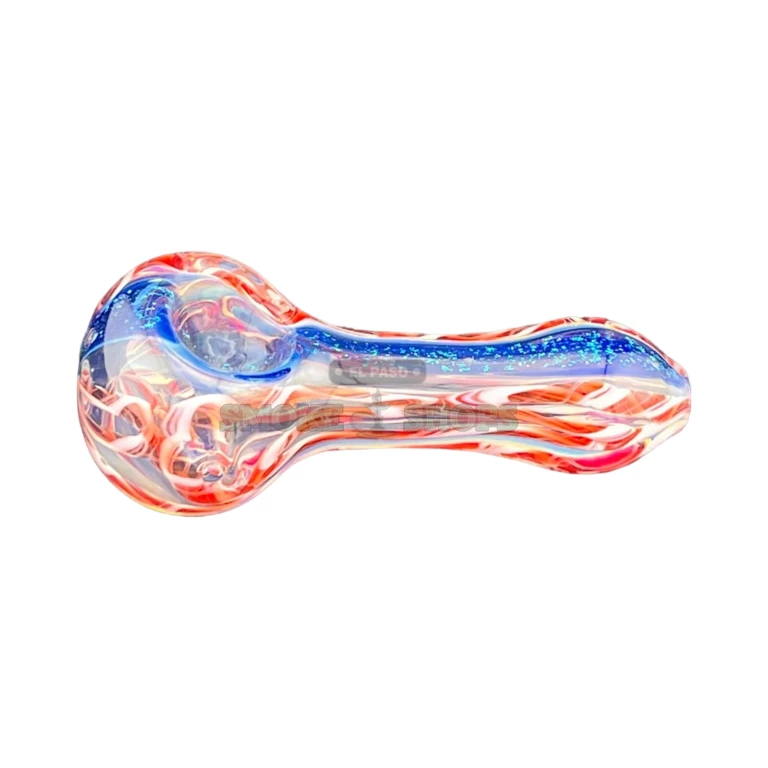 Glitched glass spoon pipe side view in El Paso, red and white lines with a blue stripe, hand pipe near me