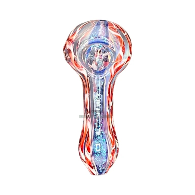 Glitched spoon pipe standing upright in El Paso, about 92 mm long with a rounded mouthpiece, glass pipe
