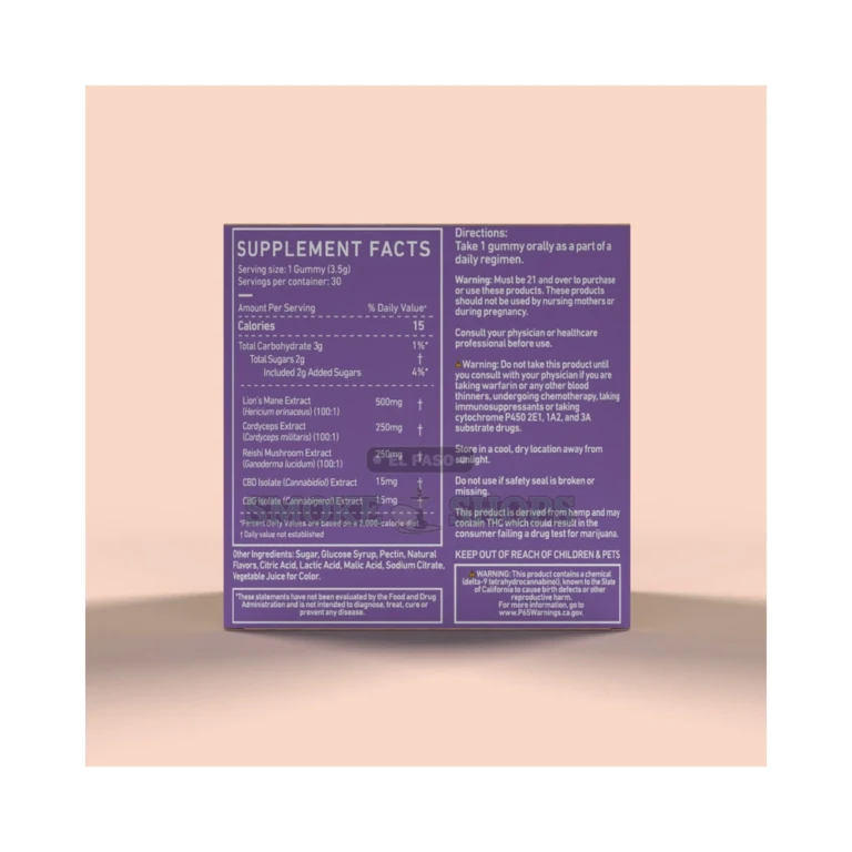 Green Roads Mushroom Gummies 30,000MG CBD jar ingredient and nutrition panel in El Paso, 15mg per gummy