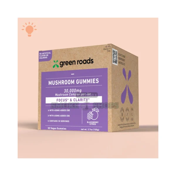 Green Roads Mushroom Gummies 30,000MG CBD jar front label in El Paso, 30 count Blackberry Citrus flavor