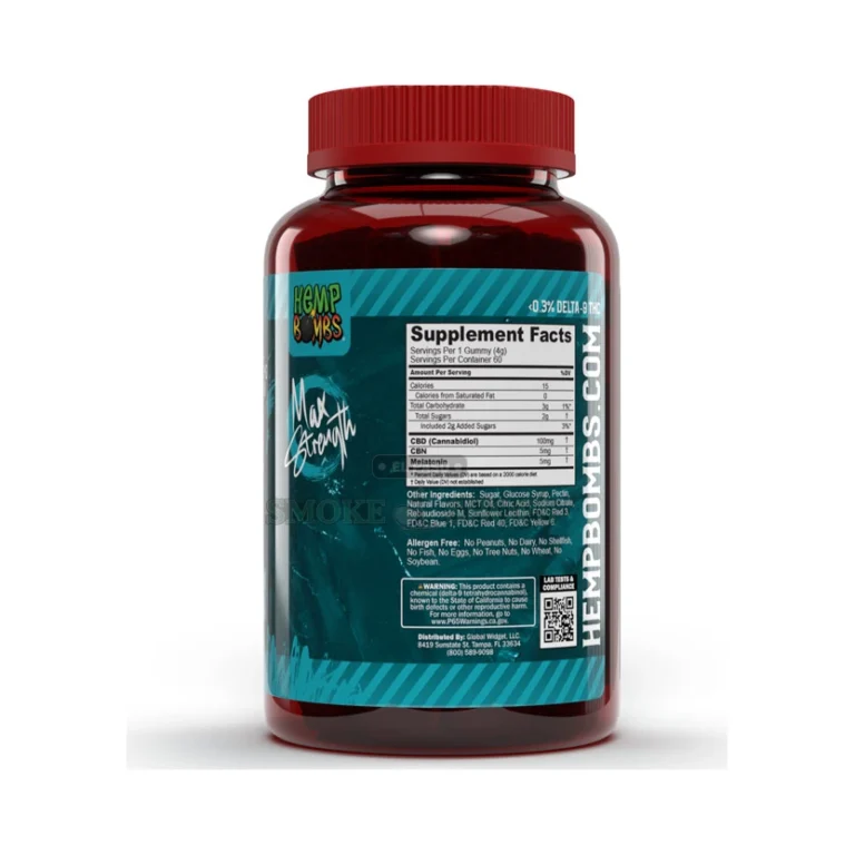 Hemp Bombs Cherry Haze Sleep Gummies in El Paso, 5mg CBN and 5mg melatonin per gummy, 60 count bottle