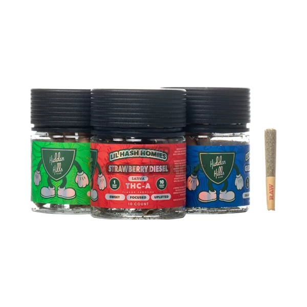Hidden Hills Lil Hash Homiez 1G hash hole pre-roll in El Paso, THCA flower with hash, jar packaging
