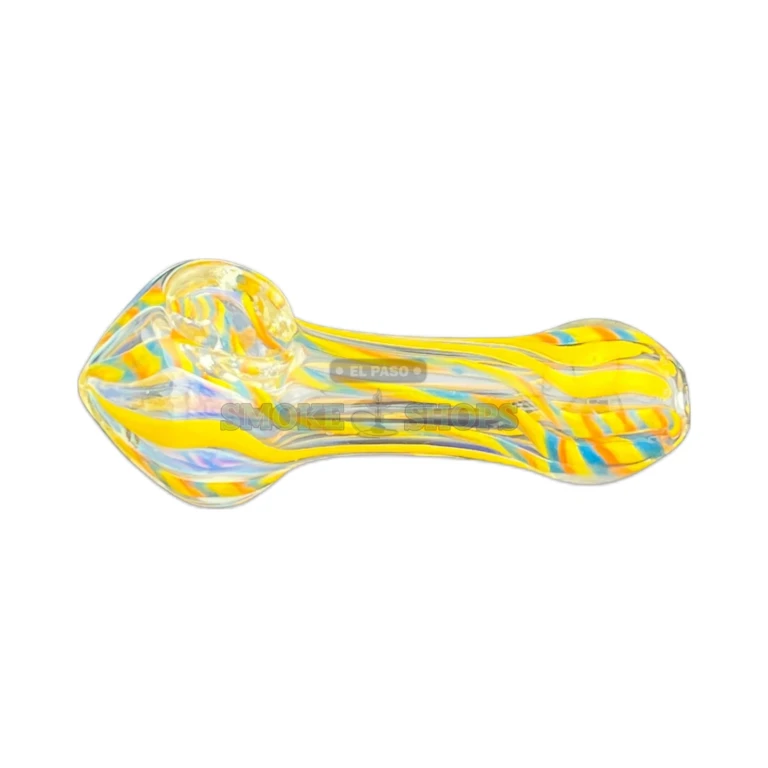 Intention glass spoon pipe side view in El Paso, swirled color over clear glass, hand pipe near me