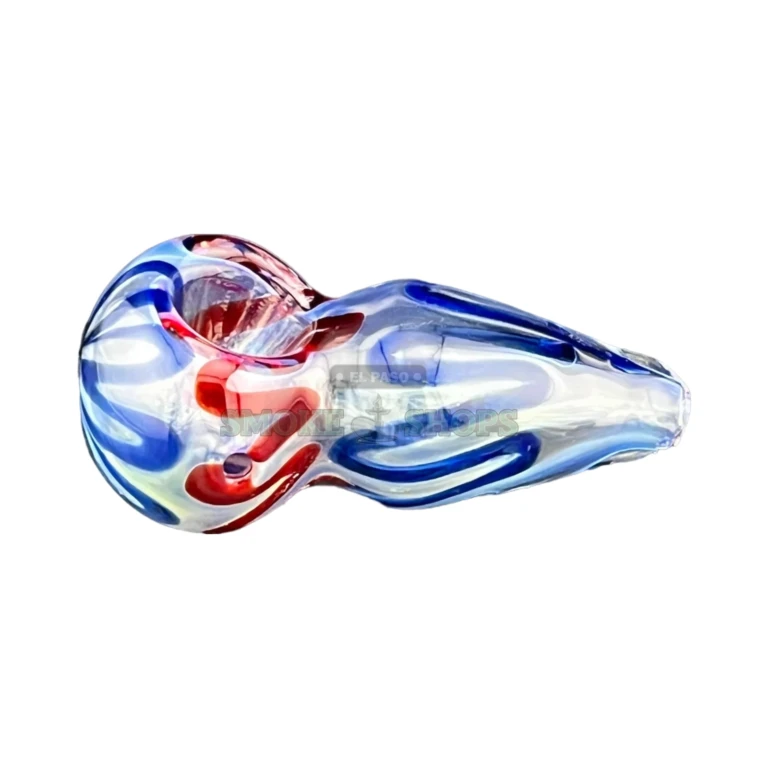 Jelly Fish glass spoon pipe side view in El Paso, flowing red and blue lines, hand pipe near me