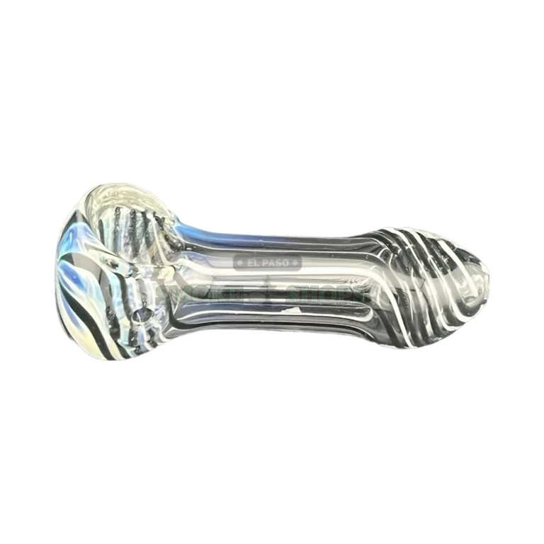 Liner Fume glass spoon pipe side view in El Paso, green and white fumed swirls on glass, hand pipe near me