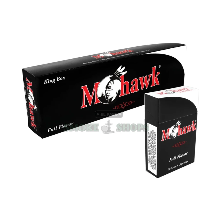 Mohawk Cigarettes pack detail in El Paso, white cellulose acetate filter, smooth American blend, pick up today